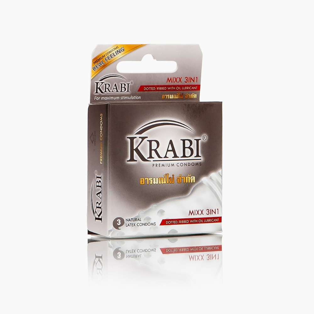 Bao cao su Krabi Mixx 3in1 gân - gai - gel là sự kết hợp hoàn hảo của 3 yếu tố gân - gai - gel, bôi trơn