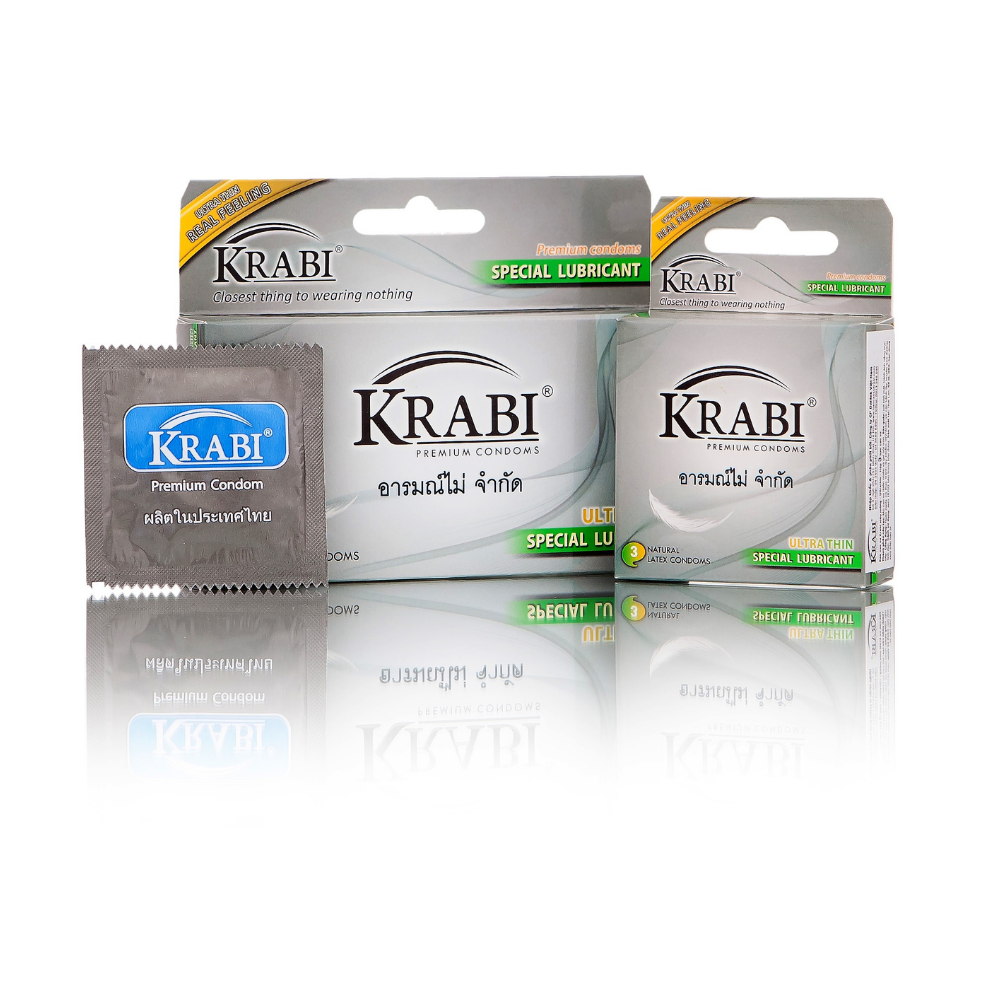Bao cao su Krabi siêu mỏng - Ultrathin Krabi Premium Condoms với quy cách đóng gói hộp 3 chiếc và hộp 12 chiếc
